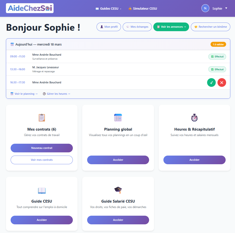 Tableau de bord AideChezSoi — créneaux du jour et navigation