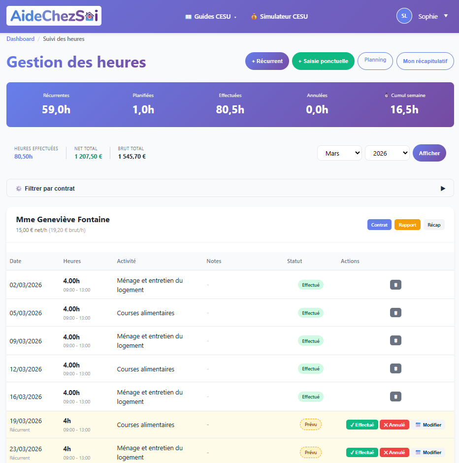 Suivi des heures mensuel AideChezSoi — tableau, totaux, statuts